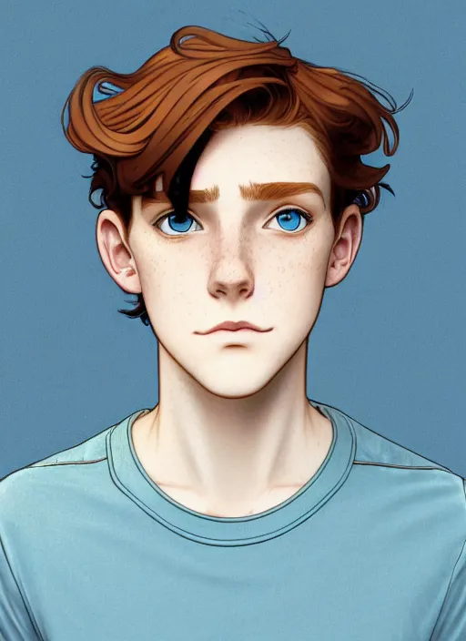 Image similar to art nouveau portrait of a teen boy with completely straight auburn hair, light blue eyes, pale skin, freckles, sad expression, t - shirt, modern casual clothing, natural lighting, path traced, highly detailed, high quality, cartoon, digital painting, by don bluth and ross tran and studio ghibli and alphonse mucha