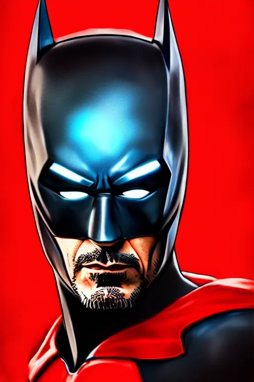 Image similar to robert downey jr as batman, portrait,, highly detailed, digital painting, artstation, concept art, smooth, sharp focus, illustration, cinematic lighting,