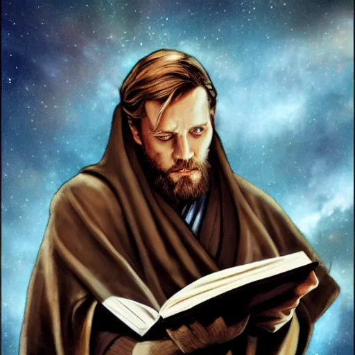 Prompt: obi wan kenobi reading a book