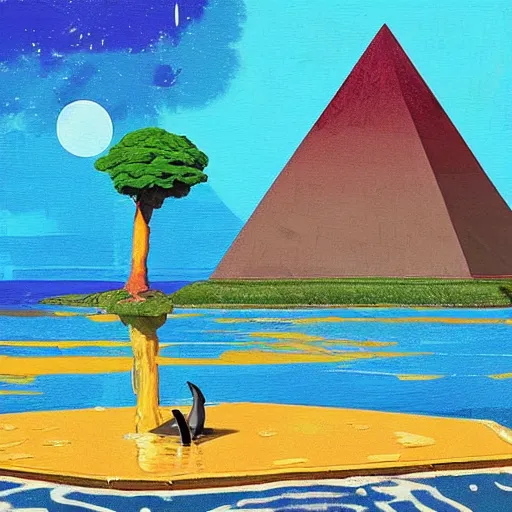 Prompt: otherworldly vivid futuristic pool pyramid penguin sack cedar tree teak tree, by tom thomson and ghibli studios and andy warhol, mixed media, speedpainting, an art deco