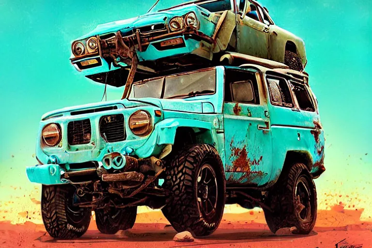 Image similar to digital illustration of a faded cyan mad max's fj 4 0 decrepit!!!! pursuit special, rusty!!! nissan fj cruiser heavily modded 1 9 9 0 s, the last v 8 interceptor by makoto shinkai, ilya kuvshinov, lois van baarle, rossdraws, basquiat