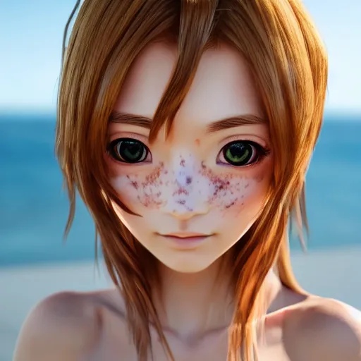 Image similar to Render of a very beautiful anime girl, long hair, hazel eyes, cute freckles, full round face, short smile, cute sundress, golden hour, serene beach setting, medium shot, mid-shot, highly detailed, trending on Artstation, Unreal Engine 4k