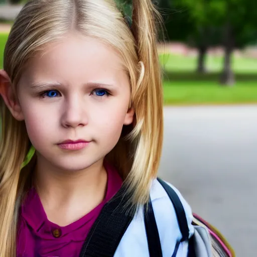 Image similar to a blonde girl waiting for the school bus, detailed face, sunny