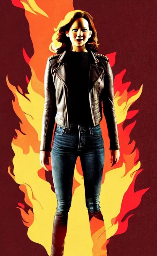 Image similar to Rafael Albuquerque comic cover art, Jennifer Lawrence with sharp vampire teeth, smile, direct gaze, brown leather jacket, jeans, long hair, full body, building on fire, cool colors, detailed, 4k