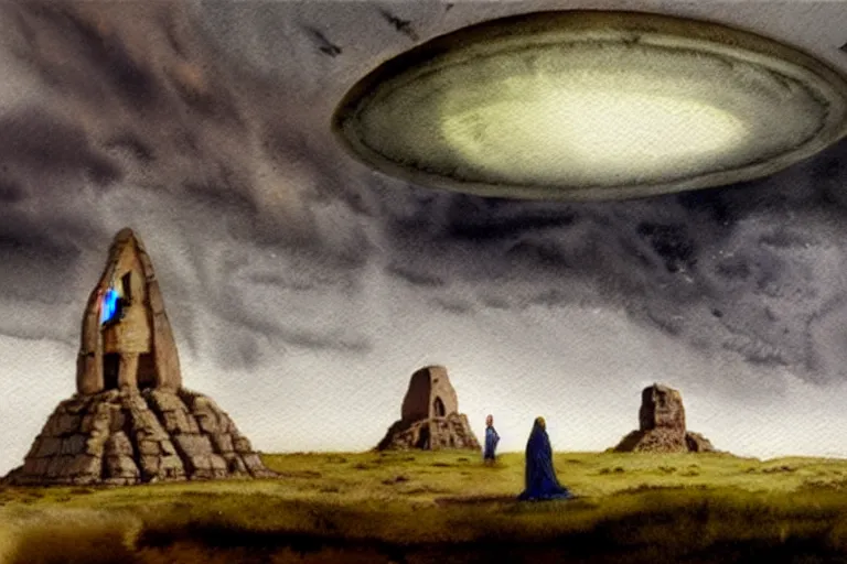 Image similar to a hyperrealist watercolor concept art of a giant ufo in the sky above gobekli tepe during a thunderstorm. a medieval child in grey robes is in the foreground. very muted colors, by rebecca guay, michael kaluta, charles vess. high detail, hq, wide shot, 4 k