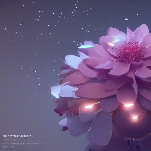 Image similar to Luminescent flower blooming at twilight, cgsociety, r /art, trending on artstation, artstationHD, octane render, highly detailed, vray, volumetric lighting, unreal engine