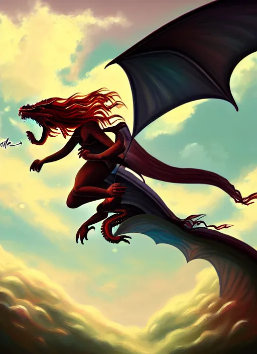 Image similar to painting of a girl flying on a dragon in a fantasy world, digital painting, hd, illustration, art by tokenin, trending