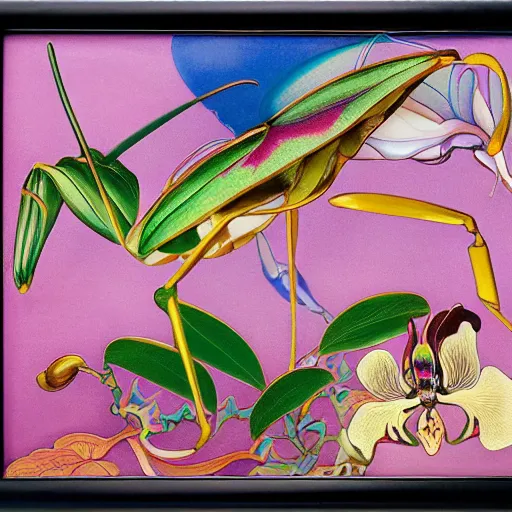 Prompt: majestic colorful orchid mantis cloisonne enamel by leon bakst and yoshitaka amano, cloisonne, beautiful hyperdetailed art nouveau orchids, james jean, amanda sage