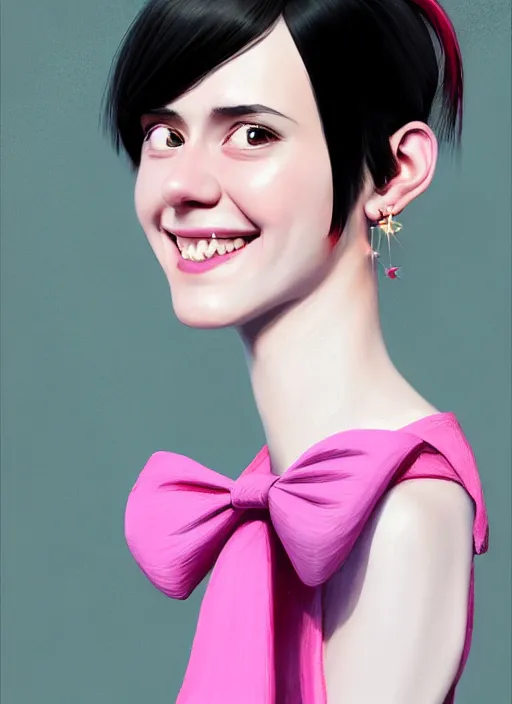 Image similar to portrait of high school girl, realistic, black hair, bangs, half updo hairstyle, pointy nose, skinny, smile, ugly, defined jawline, big chin, pink hair bow, earrings, intricate, elegant, glowing lights, highly detailed, digital painting, artstation, sharp focus, illustration, art by wlop, mars ravelo and greg rutkowski