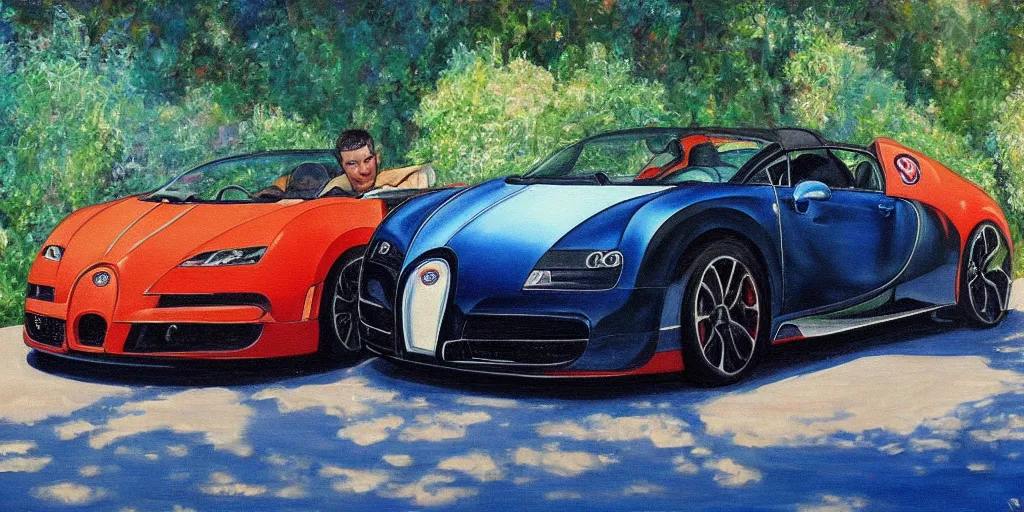 Prompt: a painting of andrew tate and his bugatti by bob ross