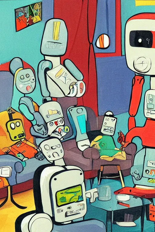 Image similar to children's book illustration of robots watching tv by margret rey