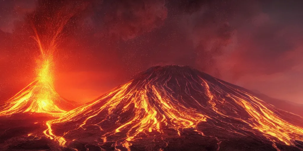 Image similar to a hyper realistic professional photographic view picture of a volcano, photographic filter unreal engine 5 realistic hyperdetailed 8k ultradetail cinematic concept art volumetric lighting, fantasy artwork, very beautiful scenery, very realistic painting effect, hd, hdr, cinematic 4k wallpaper, 8k, ultra detailed, high resolution, artstation trending on artstation in the style of Albert Dros glowing rich colors powerful imagery nasa footage drone footage drone photography