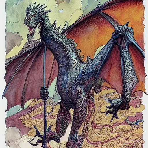 Prompt: a dragon, intricate details, highly detailed, watercolor and ink illustration by moebius and enki bilal, retro colorscheme