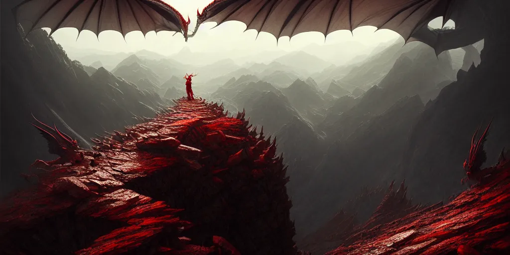 Image similar to red dragon standing on summit of a mountain, forest and valley below, ultra high definition, ultra detailed, symmetry, god rays, sci - fi, dark fantasy, by greg rutkowski