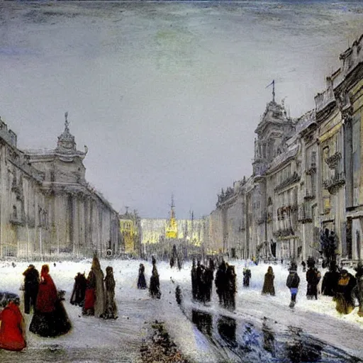 Prompt: futuristic snowy madrid in winter time by john everett millais