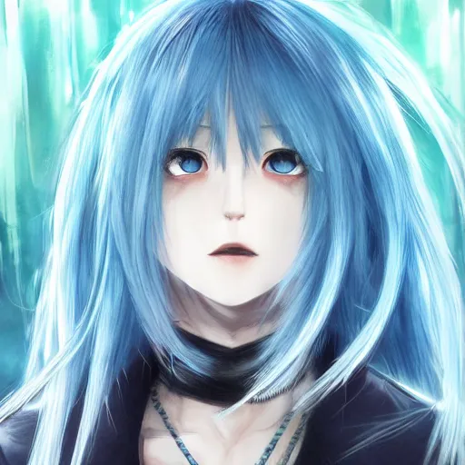 Image similar to full face shot of rimuru tempest, sky blue straight hair, long bangs, with bright amber eyes, wearing a fancy black jacket, high collar, ultra detailed, brush strokes, digital painting, cinematic, wlop artstation, closeup, pixiv, intense, intimidating glare, overpowering, yoshitaka amano, junji ito,