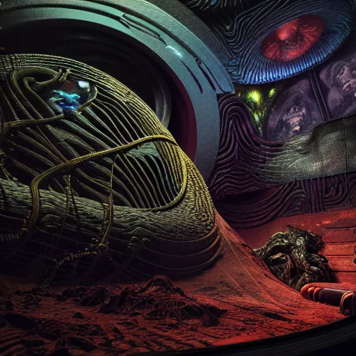 Image similar to Prometheus hibernation capsule biological sci-fi environment set close-up, hibernation capsule close-up, in a nightmarish universe of odd forms and somber tapestry, HR Giger and Vincent Di Fate, vivid color scheme, featured in artstation, octane render, cinematic, elegant, intricate, 8k