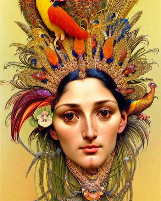 Image similar to hyperrealistic detailed face portrait of the beautiful goddess of the golden pheasants with an intricate headgear of golden pheasant, red berries, leaves, field flowers, pears, apples, art by ernst haeckel, john william godward, android jones, alphonso mucha, h. r. giger, gothic - cyberpunk, ornamental, beautiful deep colours,