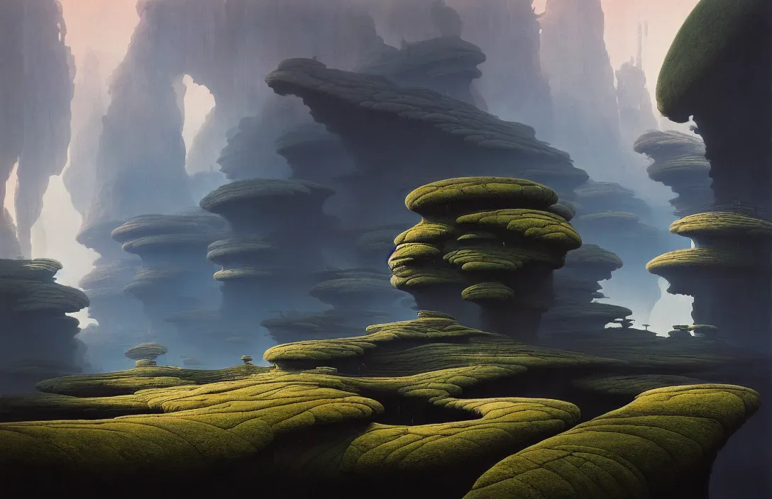 Image similar to line density is used for rendering light and shadow. painting by roger dean once in a lifetime by jan urschel