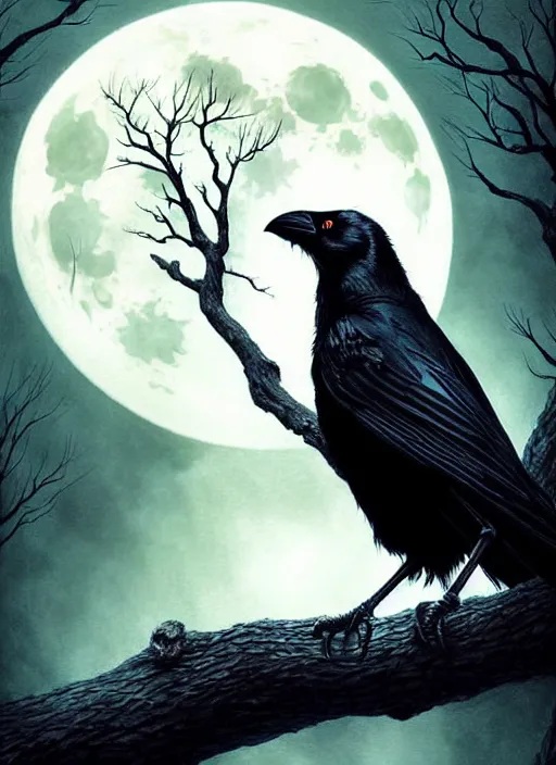 Image similar to side portrait dark crow on tree in front of the full big moon, fine art, awesome fantasy book cover on Pinterest, award winning, fantasy forest landscape, fantasy magic, dark golden light night, intricate, elegant, sharp focus, illustration, highly detailed, digital painting, concept art, matte, art by WLOP and Artgerm and Greg Rutkowski, masterpiece, trending on artstation