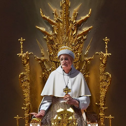 Image similar to female pope on throne of lasers, intricate detail, royo, klimt, miro, vallejo, frazetta, giger, whealan, hd, unreal engine,