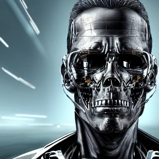 Prompt: highly detailed portrait of a terminator with borg enhancements, 8k. There is a dystopian city in the background