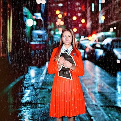 Image similar to night flash portrait photography of a high school girl in uniform on the lower east side by annie leibovitz, colorful, nighttime!, raining!