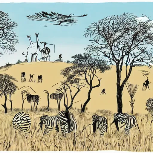 Prompt: quentin blake, mcbess illustration of a safari at sunset