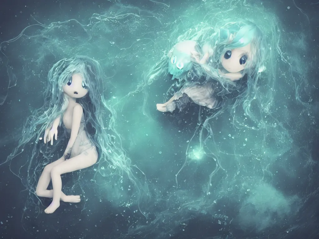 Image similar to cute fumo plush gothic jellyfish maiden alien girl swimming in the waves of the dark galactic abyss, tattered ragged gothic dress, ocean waves and reflective splashing water, vignette, vray