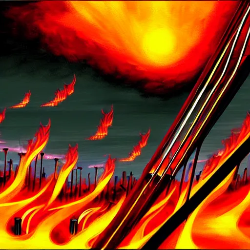 Image similar to in the lower part of the picture is the harp burning in the fire, above are cranes flying in flames, digital painting, concept art