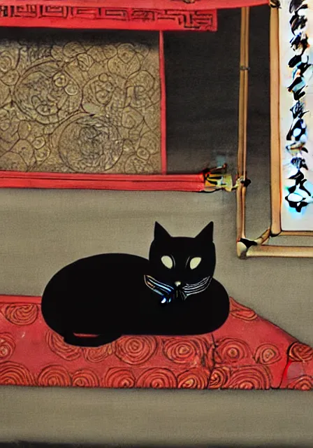 Prompt: black cat sleeping on shrine, by Shen Quan, hanging scroll on wall, ink and colour on silk, muted colours