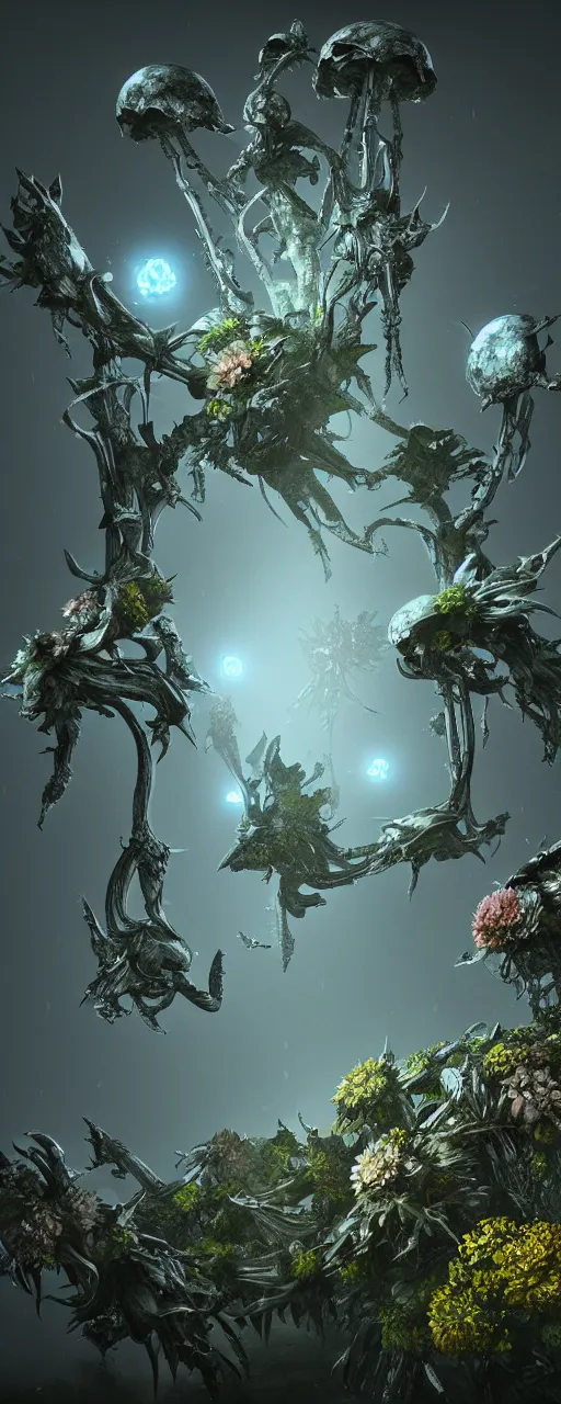 Image similar to visceral exoskeletal formations surrounding of aliens flowers and plants, mythical ancient life, concept art, dramatic contrast photorealistic lighting, surreal, hyper detailed, cycles 3 d render, 8 k