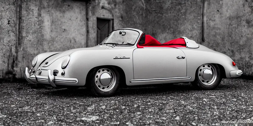 Image similar to abadoned silver porsche 356 roadster, roof up, red interior, white background, unreal engine
