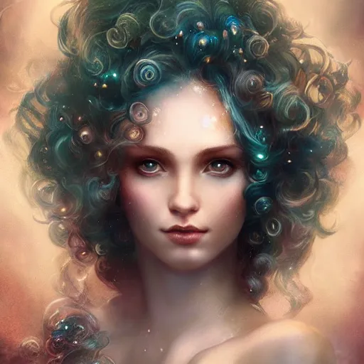 Image similar to beautiful mermaid with curly hair, magical details, magical atmosphere, cinematic lighting, hyper - detailed, cgsociety, 3 - d 8 k, high resolution, in the style of charlie bowater, tom bagshaw, alexis franklin, elena masci, pawel rebisz