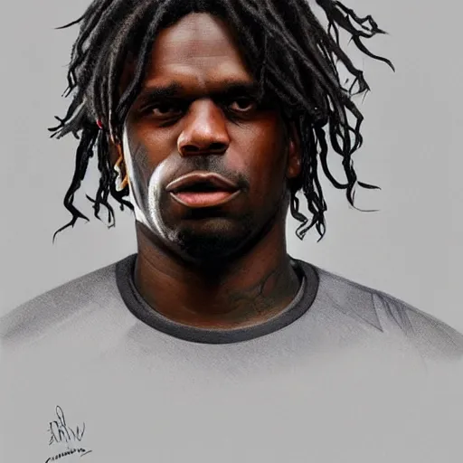 Image similar to portrait of Chief Keef as footballer for Arsenal Football Club, elegant, intricate, headshot, highly detailed, digital painting, artstation, concept art, sharp focus, illustration, art by artgerm and greg rutkowski and alphonse mucha