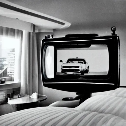 Image similar to a car inside of a hotel room, arriflex 35