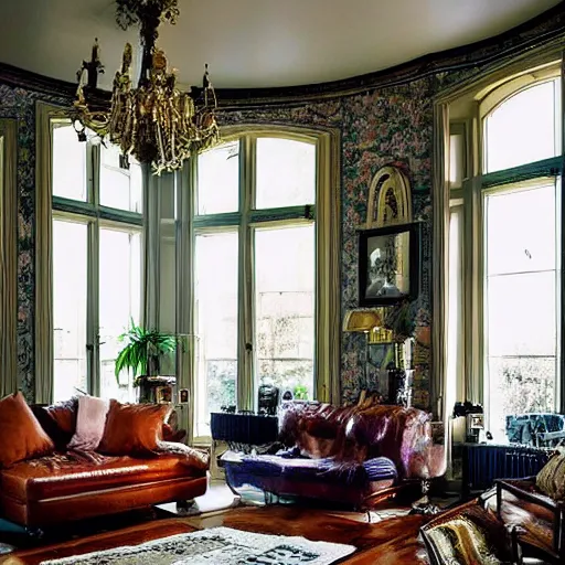 Prompt: a living room filled with furniture and lots of windows, featured on pexels, maximalist, hall of mirrors