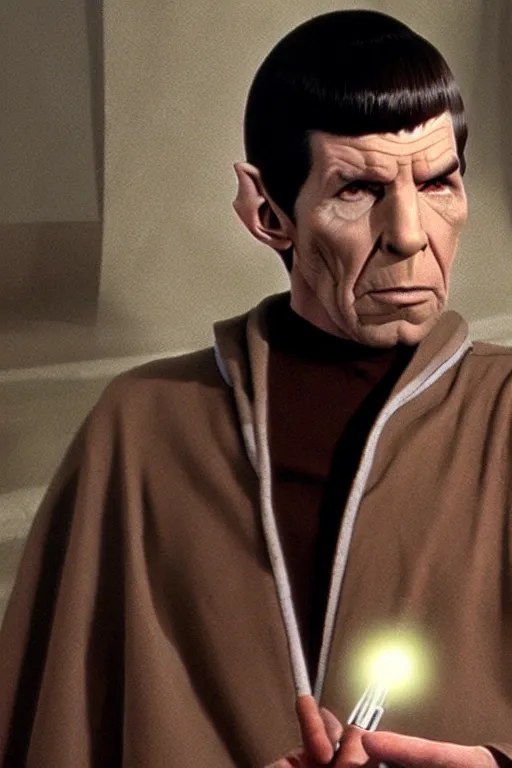 Image similar to photorealistic!! mr spock as a jedi knight, brown jedi robe, using the force, film quality