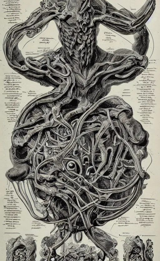 Image similar to hyper detailed antique occult instructions, eldritch, anatomy, pagan god