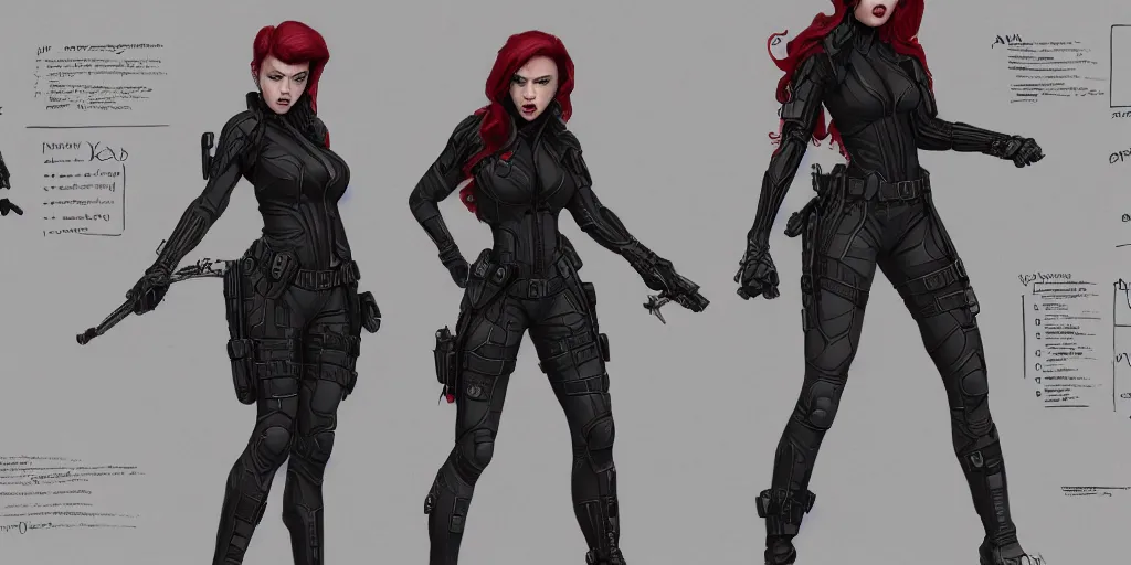 Prompt: black widow, character sheet, concept design, contrast, kim jung gi, greg rutkowski, zabrocki, karlkka, jayison devadas, trending on artstation, 8 k, ultra wide angle, pincushion lens effect