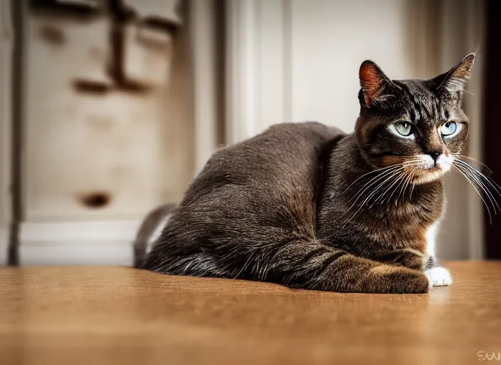 Image similar to photography of a Cat in boots sitting on a table. in a room full of medival things, photorealistic, raining award winning photo, 100mm, sharp, high res