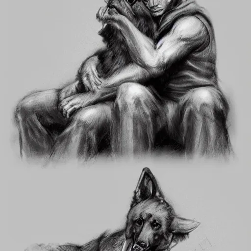 Image similar to two humanoid german shepherds beast - men, sitting on a couch and hugging together, artstation, concept art, smooth, sharp foccus ilustration, artstation