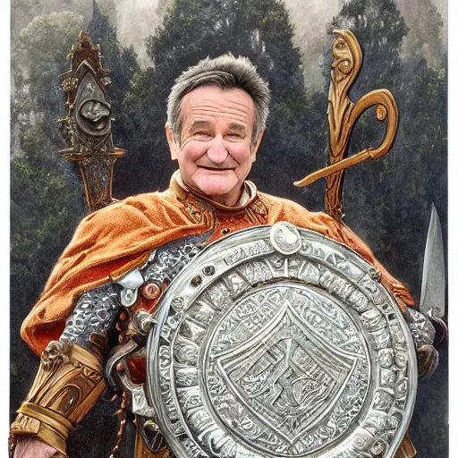 Image similar to an ultradetailed portrait of robin williams dressed as a fantasy holy paladin, carrying a large tower shield, d & d, fantasy, intricate, elegant, highly detailed, digital painting, matte, sharp focus, illustration, plate armor, god rays, art by john collier and albert aublet and krenz cushart and artem demura and alphonse mucha