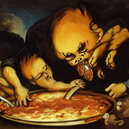 Image similar to garfield devouring a piping hot lasagna in the style of goya's saturn devouring his child