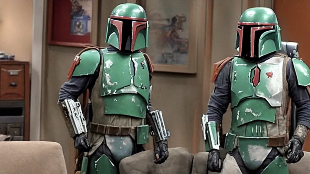 Image similar to still image of boba fett in an episode of the big bang theory, cinematic