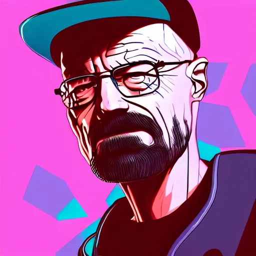 Image similar to high quality illustration, walter white portrait, cyberpunk colors, vaporwave, retro, neotrad, lois van baarle, moebius, league of legend, arcane style