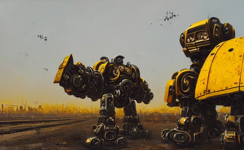 Image similar to an intricate oil painting of a giant armored plated metal mecha, croud, cars, by simon stalenhag, rust, yellow and black trim, trending on artstation, hdr, 8 k