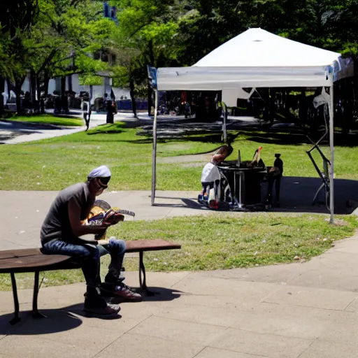 Prompt: in the park, a disc jockey playing music from turntables and eating a falafel pita sandwich
