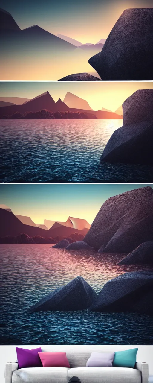 Prompt: super detailed color lowpoly art, northern sunset with rocks on front, monochrome photorealistic bay in the middle of perspective and mountains at background, big graphic ship in random point of bay, unreal engine, high contrast color palette, 3 d render, lowpoly, colorful, digital art, perspective