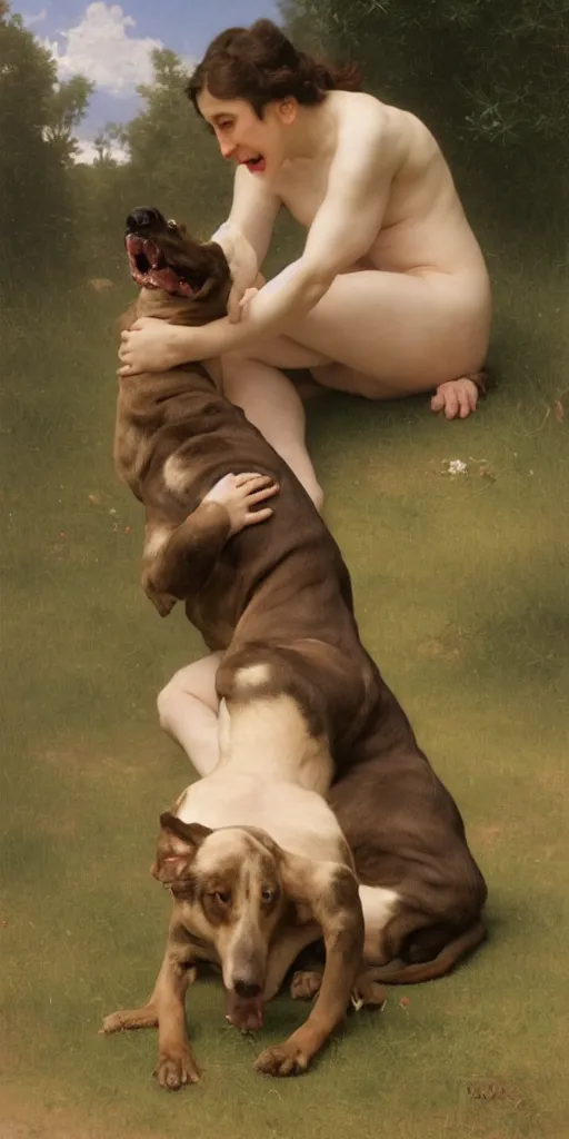 Image similar to funny stupid dog tries to bite its own tail. regal, realistic, refined, detailed digital art, oil painting, william - adolphe bouguereau, art frahm, esao andrews, highly detailed, cinematic lighting, unreal engine, 8 k, hd extremely detailed. 4 k. award winning. ultra realistic photo.